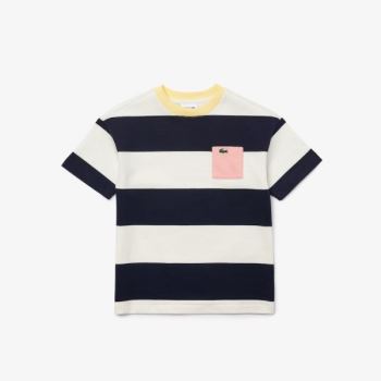 Lacoste Crewneck Rugby Striped Cotton T-shirt - Tričko Dětské Bílé / Tmavě Blankyt Blankyt | CZ-nguT